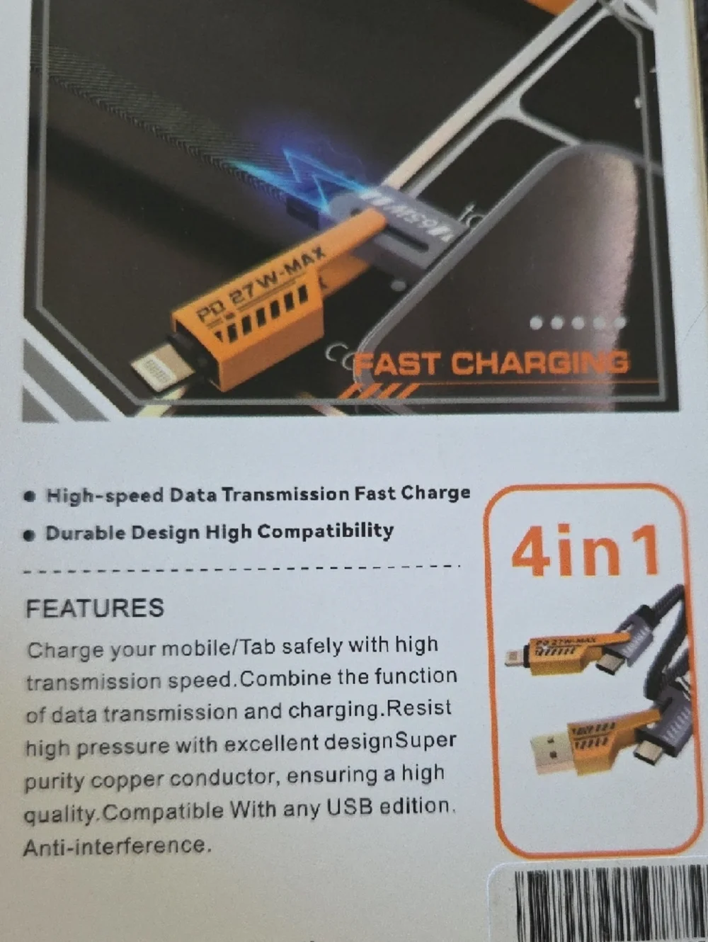 Fast Charging Flat Wire USB-C/Lightning Cable in Yellow and Black